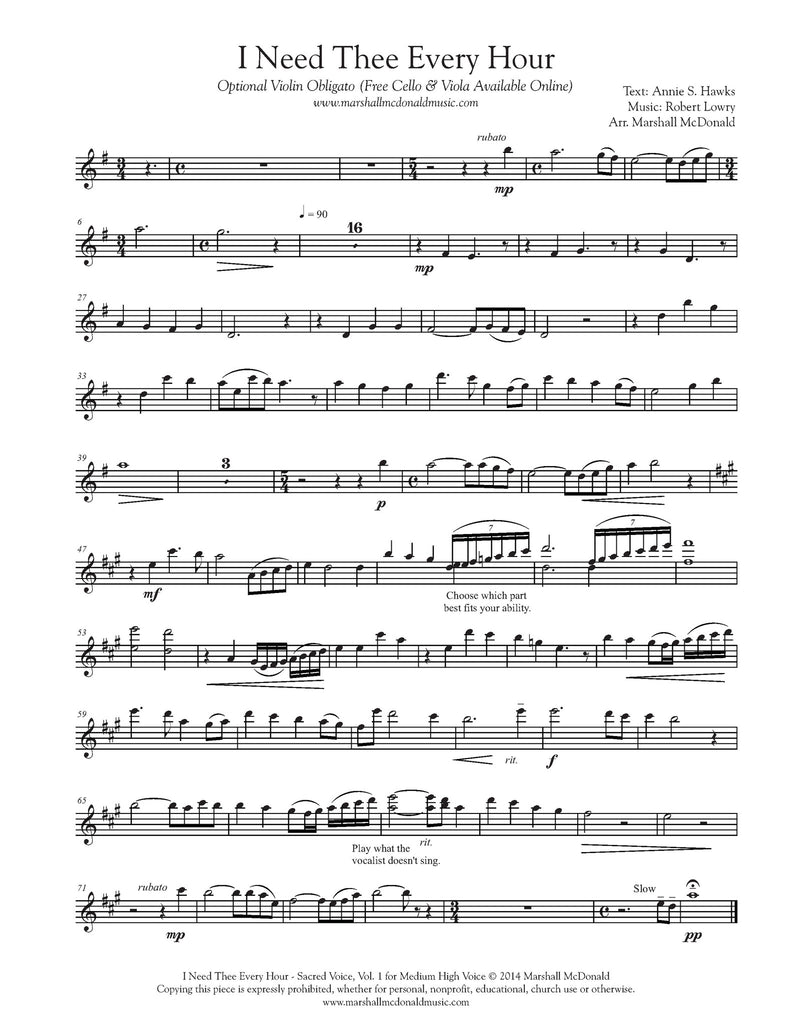 Free Optional Violin, Cello or Viola Obligatos for Sacred Voice, Vol. 1