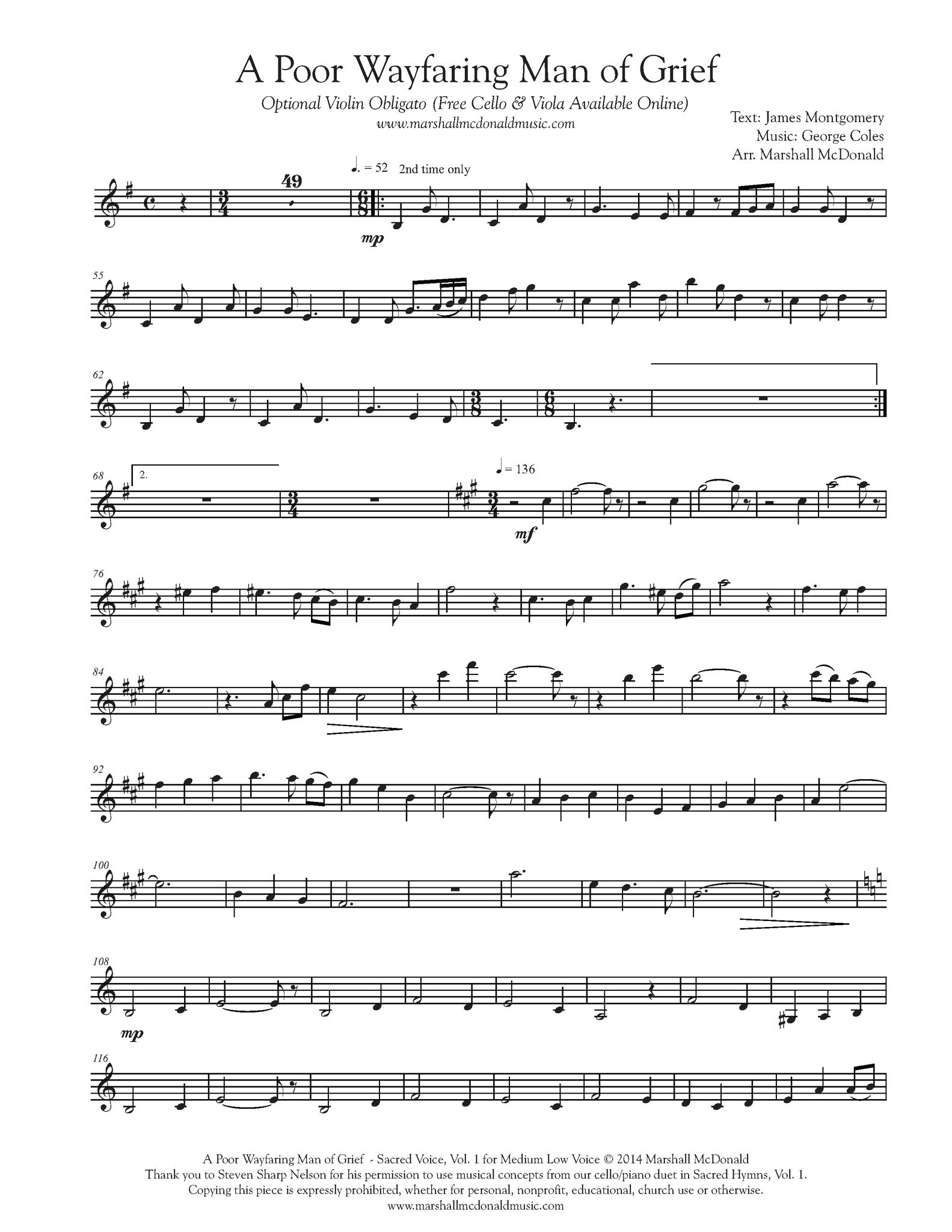 A Poor Wayfaring Man of Grief (vocal sheet music) - Marshall